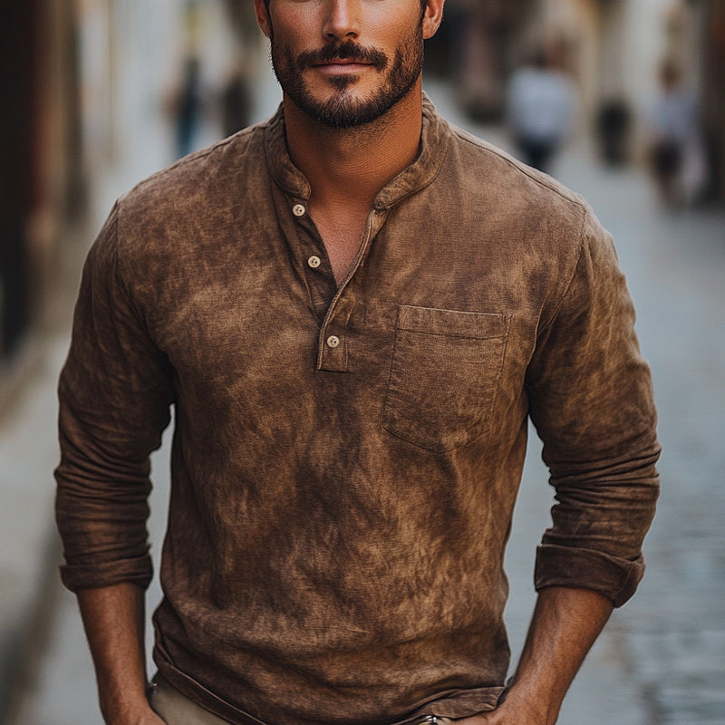 Men's Brown Tie-Dye Button-Down Cotton Long Sleeve T-Shirt 9934840561848
