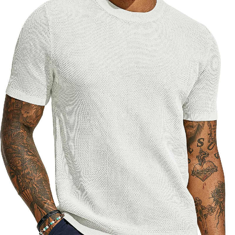 Men's Casual Round Neck Loose Knitted Short Sleeve Sweater T-Shirt 9934848950456