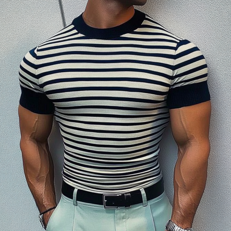 Men's Casual Round Neck Striped Knitted Loose Short Sleeve Sweater T-Shirt 9934849081528