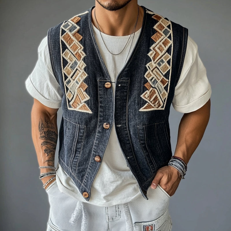 Men's Geometric Embroidered Denim Vest 9942362685624