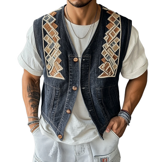 Men's Geometric Embroidered Denim Vest 9942362685624