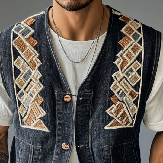 Men's Geometric Embroidered Denim Vest 9942362685624