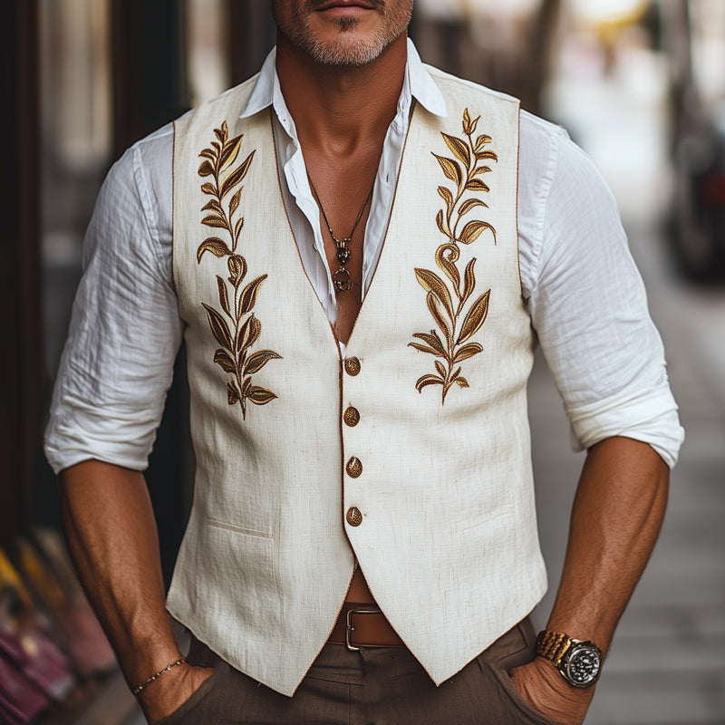 Men's Vintage Cotton and Linen Gold Embroidered Vest 9934841741496