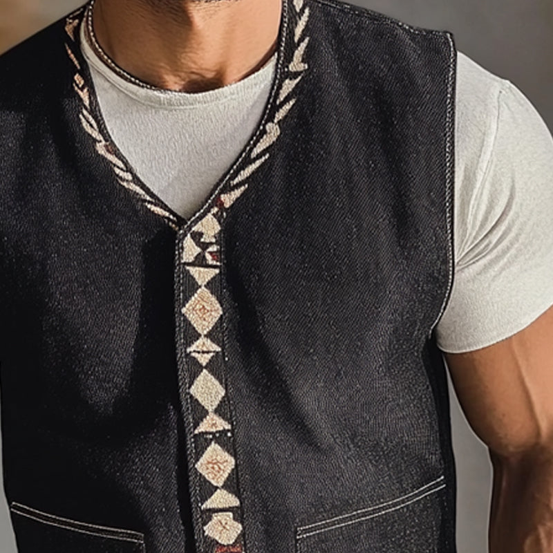 Men's V Neck Embroidered Denim Vest 9942363963576