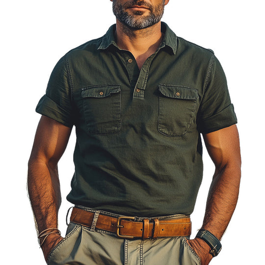 Men's Summer Distressed Polo Collar Double Pocket Casual T-Shirt DTT25061110