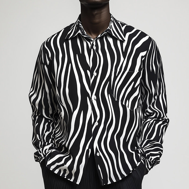 Men's Zebra Print Cotton And Linen Long-Sleeved Shirt 9934840004792