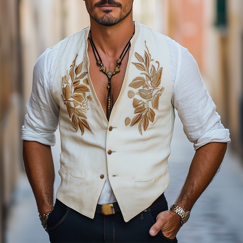 Men's Comfortable Cotton and Linen Gold Embroidered Vest 9934843248824