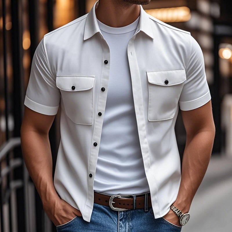 Men's Casual Comfort Cotton Lapel Chest Pocket Loose Short Sleeve Shirt 9940333428920