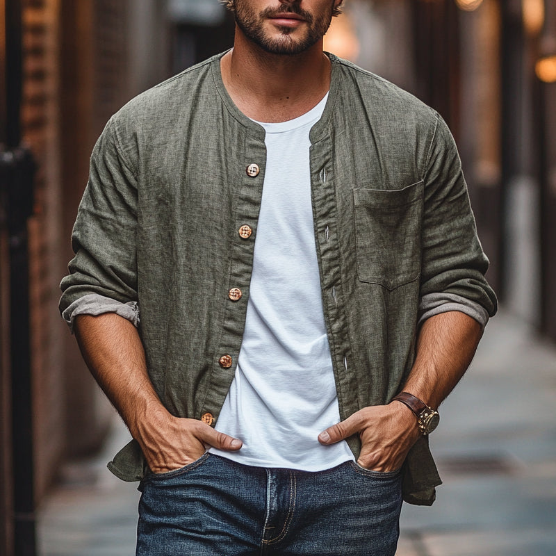 Men's Cotton And Linen Single-Breasted Long-Sleeved Loose Shirt DTT25061112