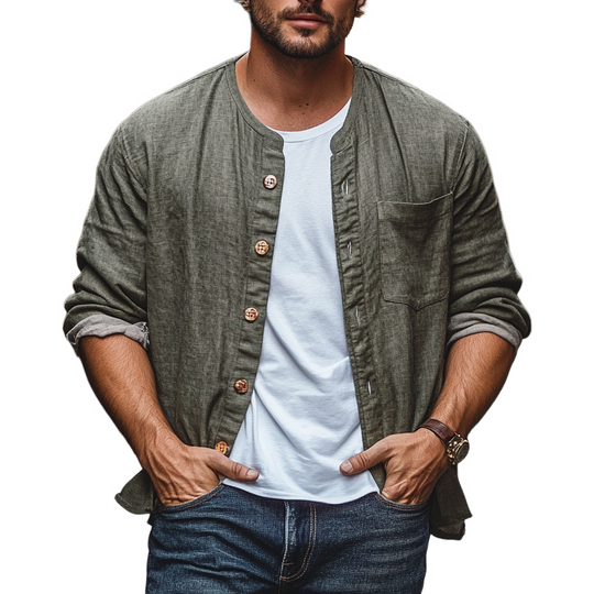 Men's Cotton And Linen Single-Breasted Long-Sleeved Loose Shirt DTT25061112