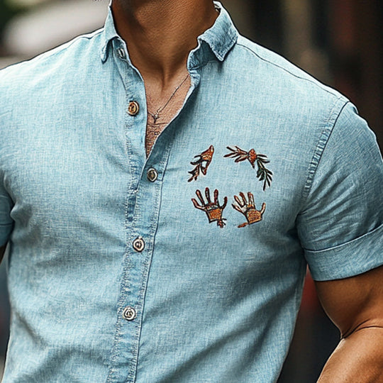 Men's Solid Color Fun Embroidery Cotton Blend Short Sleeve Shirt DTT25061111