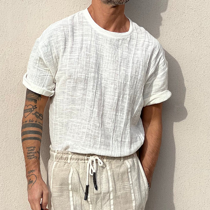 Men's Solid Color Textured Short-Sleeved Round Neck T-Shirt 9942361768120