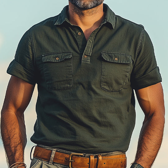 Men's Summer Distressed Polo Collar Double Pocket Casual T-Shirt DTT25061110