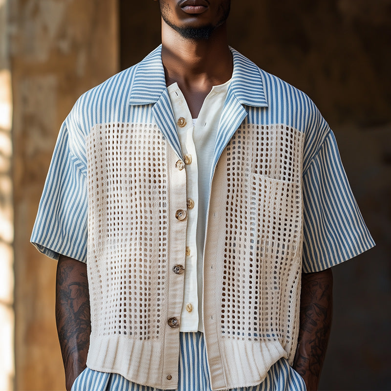Men's Woven Hollow Stitching Short Sleeve Shirt 9940334936248