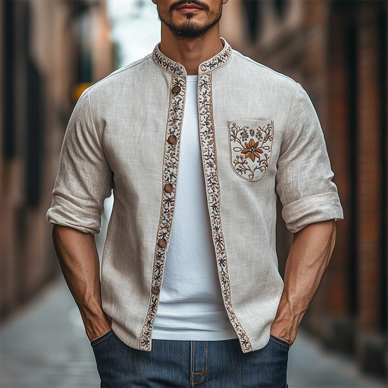 Men's Spring Fashion Retro Stand Collar Embroidered Long Sleeve Shirt 9940338507960