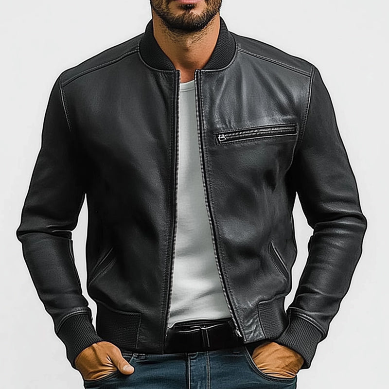 Men's Spring and Autumn Pure Black PU Leather Jacket 9940335820984