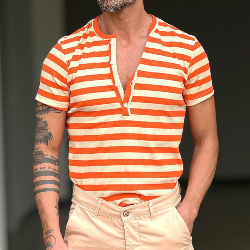 Men's Casual Striped Henley Neck Short Sleeve T-Shirt 9942365274296