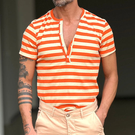 Men's Casual Striped Henley Neck Short Sleeve T-Shirt 9942365274296