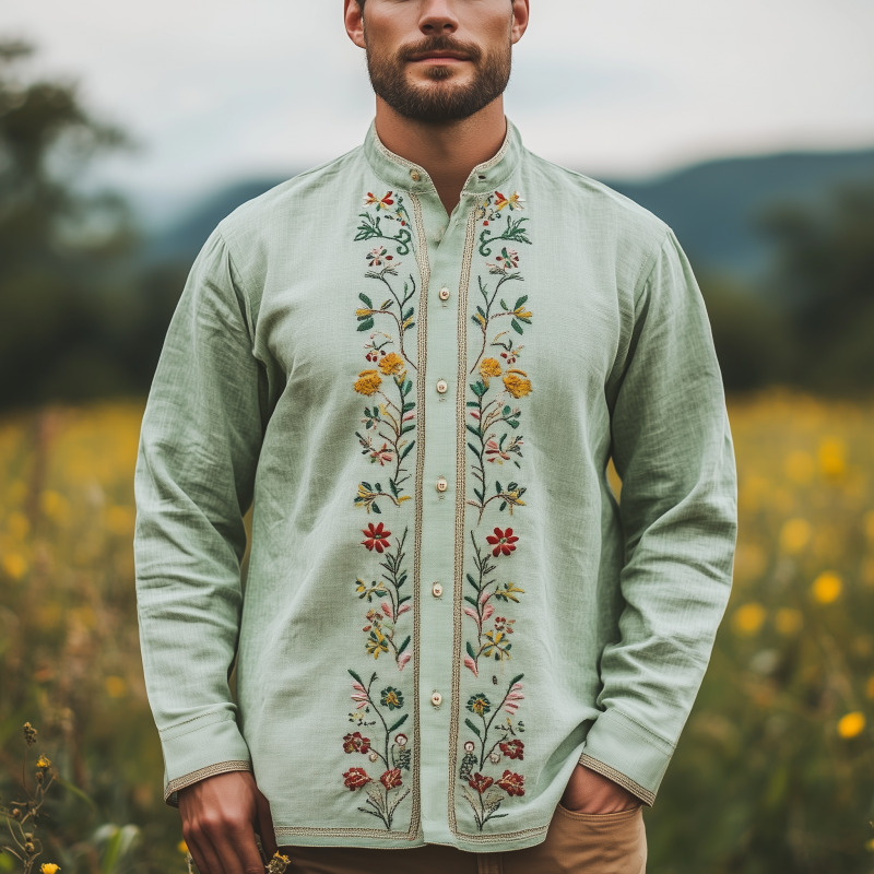 Men's Spring and Summer Fashion Retro Casual Stand-up Collar Embroidered Long-sleeved Shirt 9940338901176