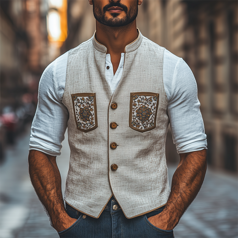 Men's Spring Fashion Retro Stand Collar Embroidered Ramie Slim Vest 9940337655992