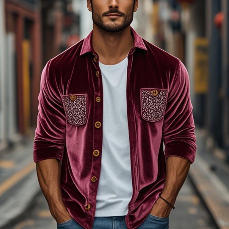Men's Spring Fashion Retro Embroidery Velvet Long Sleeve Shirt 9940335591608