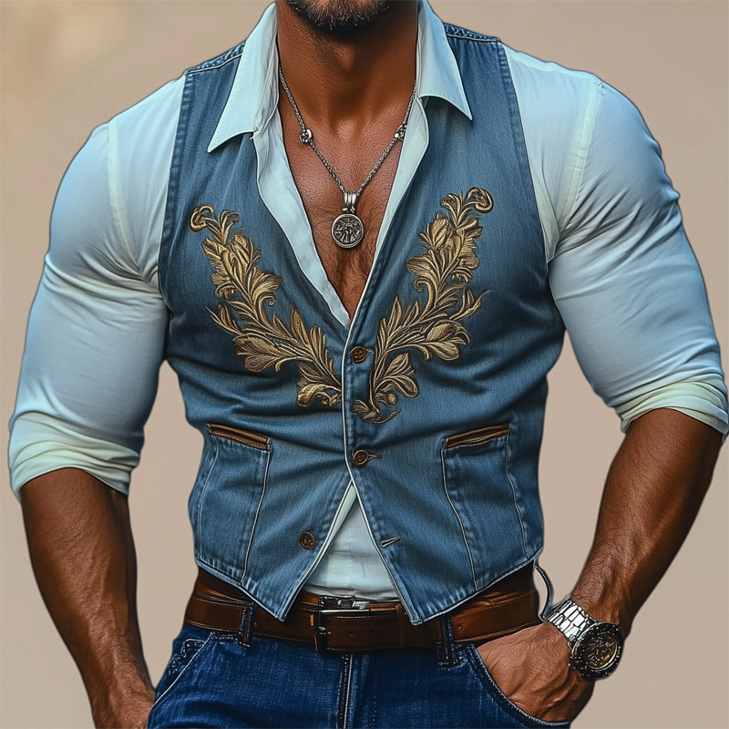 Men's Vintage Three-Button Denim Embroidered Vest 9940335198392