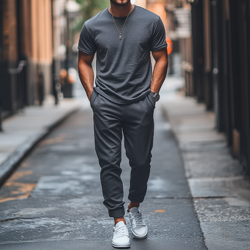 Men's Spring Fashion Casual Loose Bamboo Cotton Blended T-shirt Cambered Casual Pants Set 9942358229176