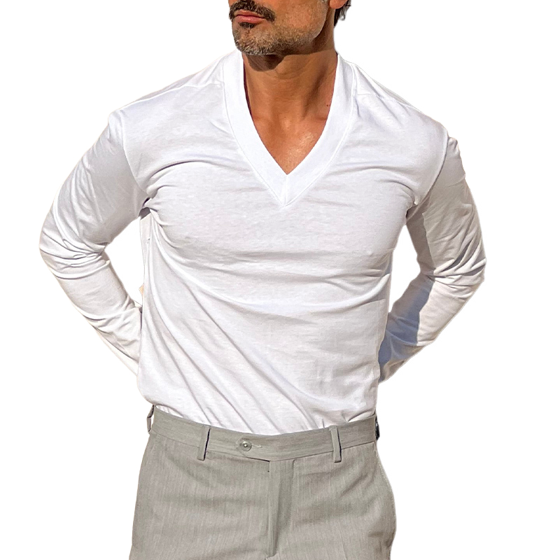 Men's Solid Color Blend V-Neck Long Sleeve T-Shirt 9942358687928