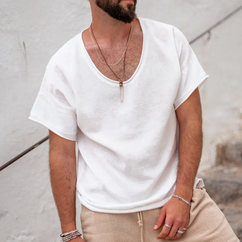 Men's Solid Color Rolled UP Round Neck Short Sleeve T-shirt 9942354493624
