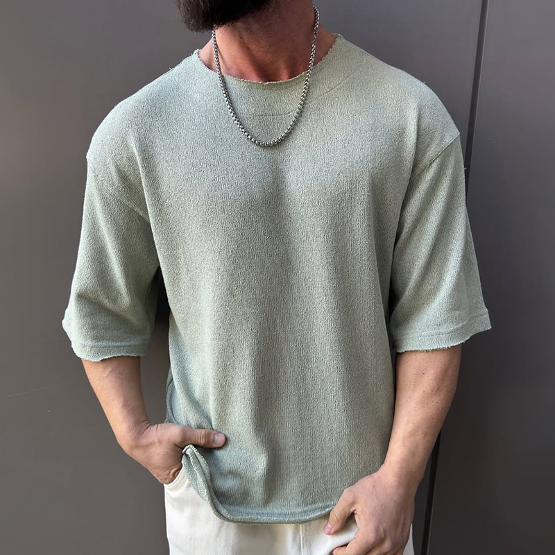 Men's Solid Color Rough Edge Round Neck Short Sleeve T-shirt 9942354591928