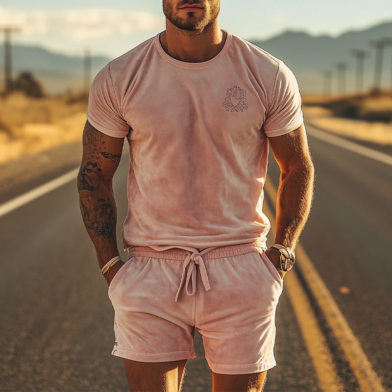 Men's Spring Fashion Casual Slim Embroidered Suede Short Sleeve T-shirt Shorts Set 9942357606584