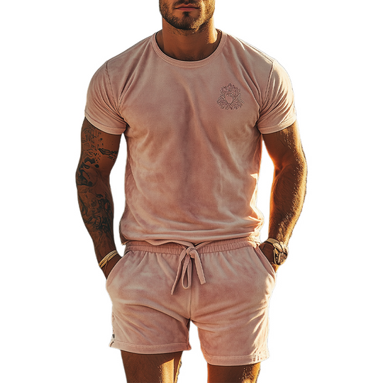 Men's Spring Fashion Casual Slim Embroidered Suede Short Sleeve T-shirt Shorts Set 9942357606584