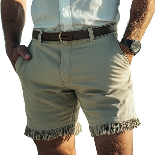 Men's Summer Retro Light Green Tassel Patchwork Shorts 9942355968184