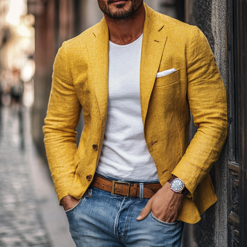 Men's Casual Linen Blended Notched Lapel Single Breasted Slim Fit Blazer 9944194089144