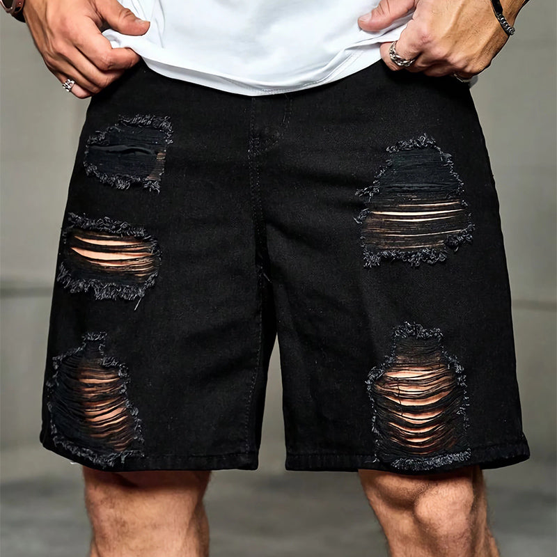 Men's Summer Loose Black Ripped Denim Shorts 9944186847416