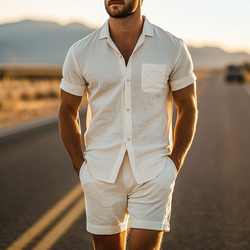 Men's Summer Fashion Casual Slim Fit Silk Cotton Short Sleeve Shirt Pocket Shorts Set 9949420716216