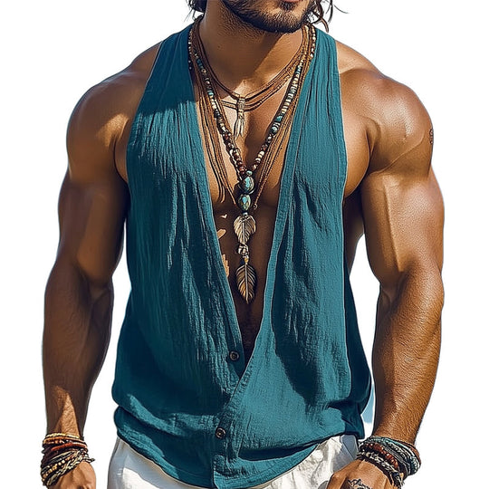 Men's Summer Basic Deep V-Neck Cotton and Linen Tank Top DTT25061001