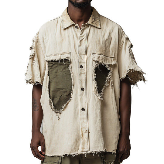 Men's Spring Retro Personalized Denim Patchwork Short Sleeve Shirt DTT25061114