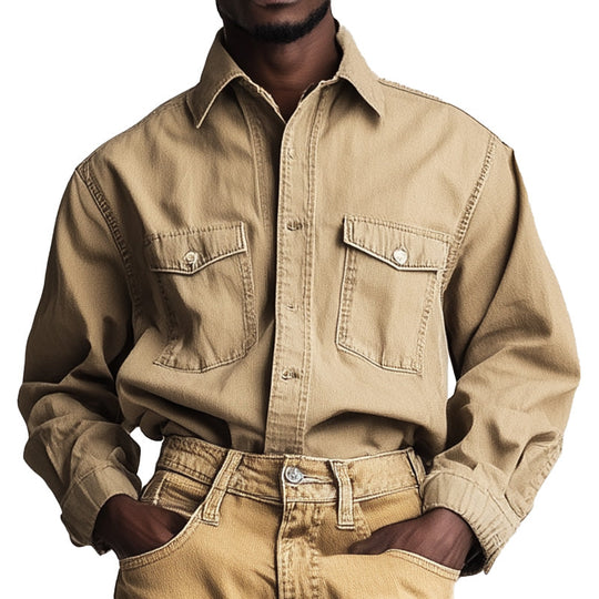 Men's Spring Retro Simple Solid Color Denim Long Sleeve Shirt DTT25061113