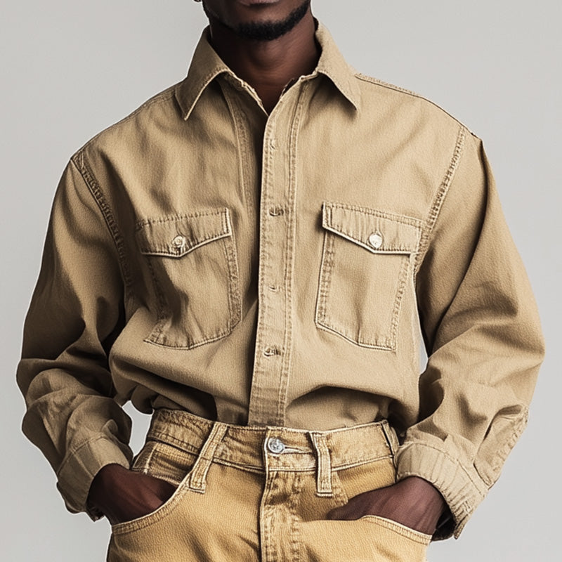 Men's Spring Retro Simple Solid Color Denim Long Sleeve Shirt DTT25061113