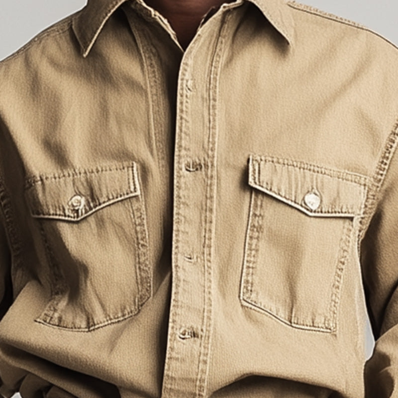 Men's Spring Retro Simple Solid Color Denim Long Sleeve Shirt DTT25061113