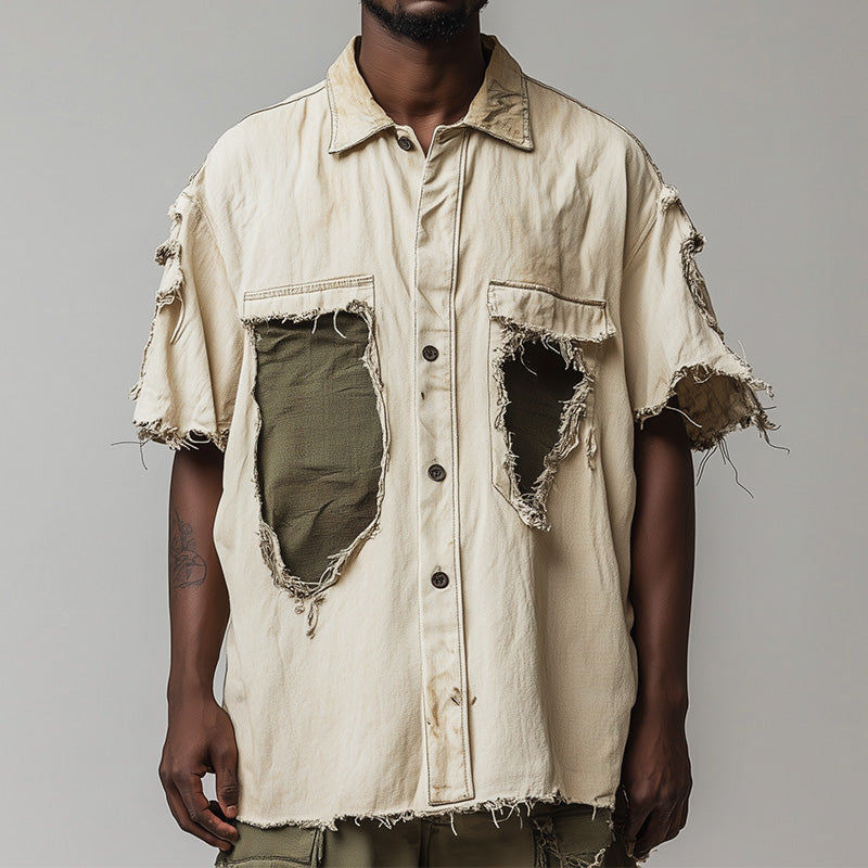 Men's Spring Retro Personalized Denim Patchwork Short Sleeve Shirt DTT25061114