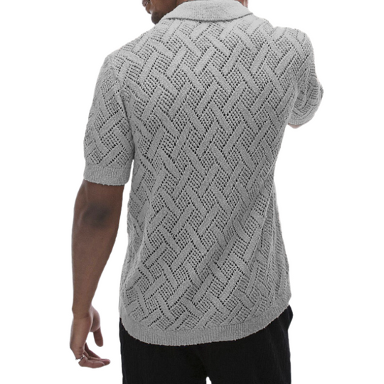 Men's Casual Geometric Jacquard Lapel Slim Fit Short Sleeve Knitted Cardigan 9952302006456
