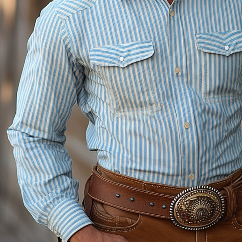 Men's Western-style Striped Lapel Long Sleeve Chest Pocket Shirt 9952302301368