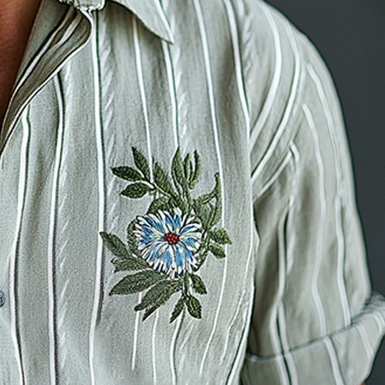 Men's Spring Retro Embroidered Striped Casual Short Sleeve Shirt 9952297615544