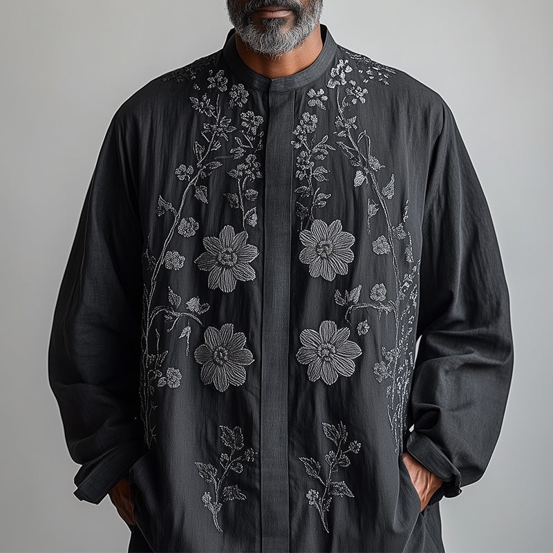 Men's Spring Retro Embroidery Long Sleeve Lightweight Breathable Casual Shirt 9952295420088