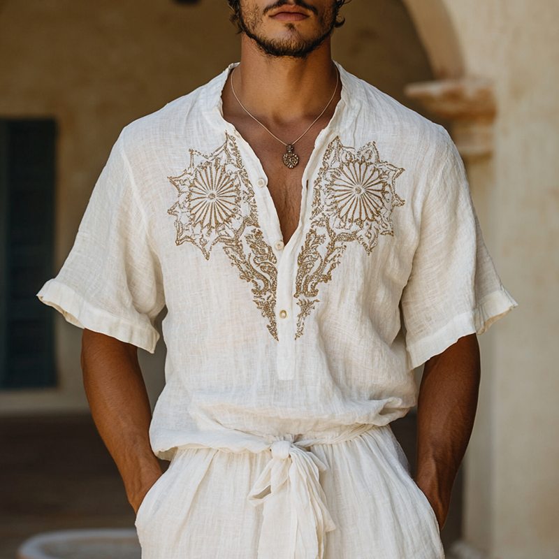 Men's Ethnic Style Embroidered Henley Collar Short Sleeve Cotton And Linen Shirt 9953677050040