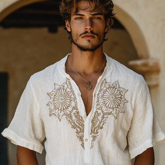 Men's Ethnic Style Embroidered Henley Collar Short Sleeve Cotton And Linen Shirt 9953677050040