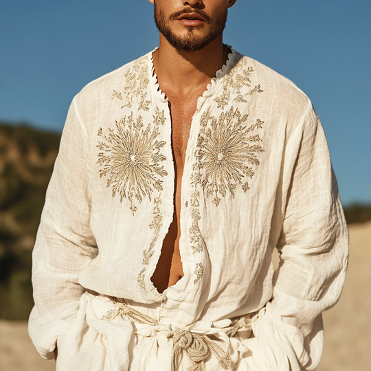 Men's Ethnic Style Embroidered Long Sleeve Single Breasted Shirt 9953677705400