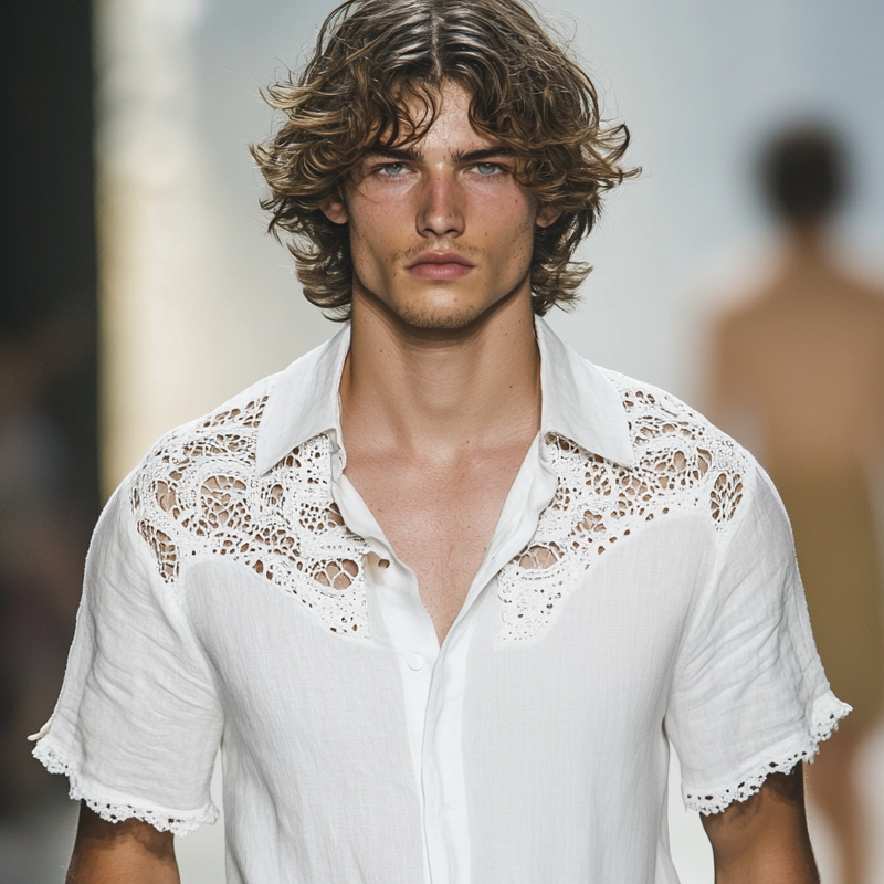 Men's Ethnic Style Lace Stitching Lapel Short Sleeve Shirt 9953678721208